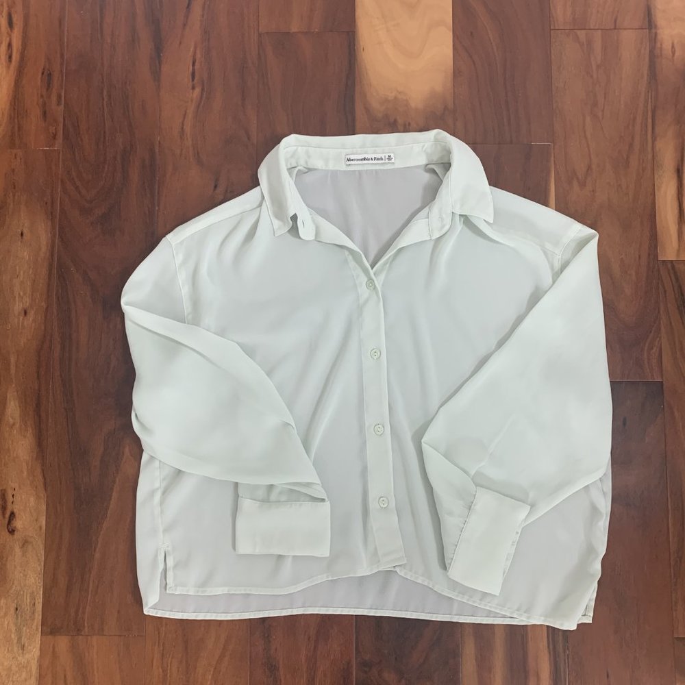 Abercrombie Sheer Cropped Long-Sleeve Button-Up Blouse Mint Size Medium